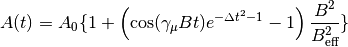 A(t)= A_0\{1+\left(\cos(\gamma_\mu Bt)e^{-{\Delta t}^2-1}-1\right)\frac{B^2}{B_\text{eff}^2}\}