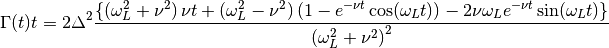 \Gamma(t)t = 2\Delta^2 \frac{\left\{\left(\omega_L^2 + \nu^2\right)\nu t + \left(\omega_L^2-\nu^2\right)\left(1-e^{-\nu t}\cos(\omega_L t)\right) - 2\nu\omega_L e^{-\nu t}\sin(\omega_L t)\right\}}{\left(\omega_L^2 + \nu^2\right)^2}