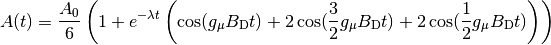 A(t)=\frac{A_0}{6}\left(1+e^{-\lambda t}\left(\cos(g_\mu B_\text{D} t)+ 2\cos(\frac{3}{2}g_\mu B_\text{D} t)+2\cos(\frac{1}{2}g_\mu B_\text{D} t)\right)\right)