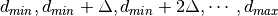 d_{min}, d_{min}+\Delta, d_{min}+2\Delta, \cdots, d_{max}