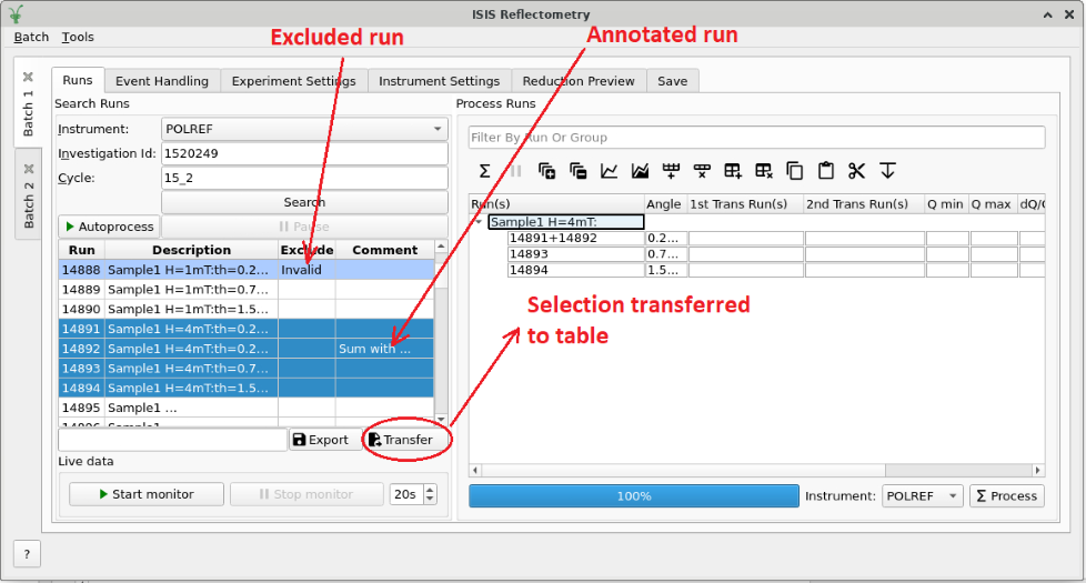 Selecting runs from search table to transfer to processing table
