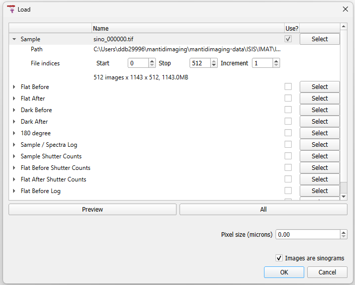 Load dialog with "Images as sinograms" checked