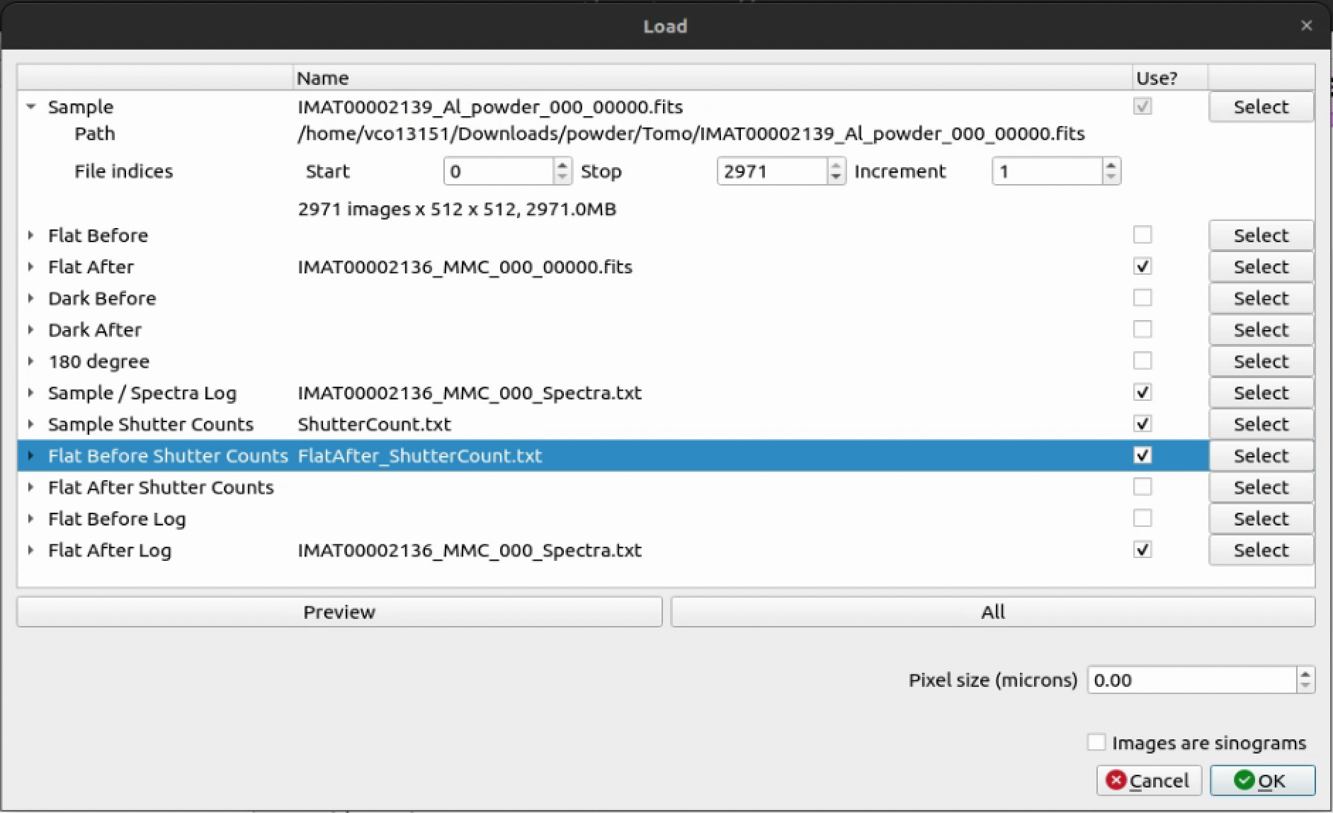 Loading Dialog WIndow with Time-of-Flight Dataset Loaded (Light)